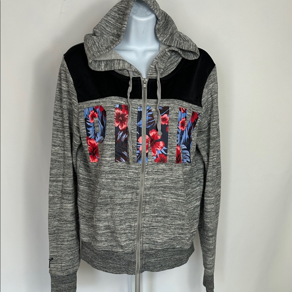 Victoria's Secret Pink Women’s Medium Black Gray Front Hoodie Sweatshirt Jacket